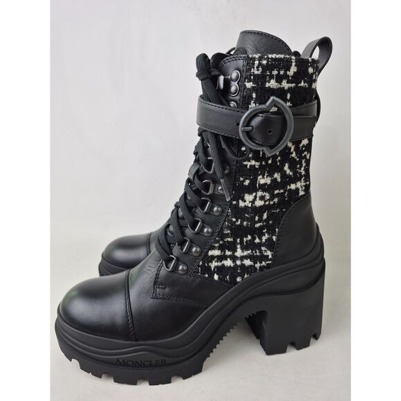 Moncler Women's Black Envile Tweed Block Heel Boots Size 37 - Picture 2 of 7